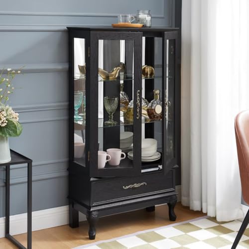 51.58" Lighted Curio Cabinet with Glass Doors and Adjustable Shelves 2 Door Wine Cabinet Display Curio Cabinet with LED Lights Light Black Finish and Drawer for Home Decor and Storage, Black JIJIWANG