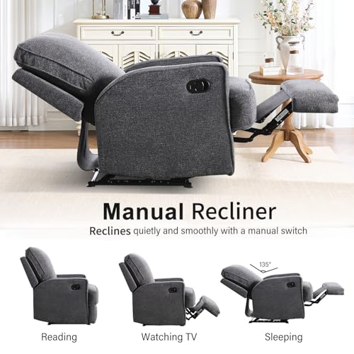 INZOY Manual Recliner with Thicker Backrest, Soft Fabric Recliner Chair with Overstuffed Cushion, Heavy Duty Reclining Sofa for Living Room Bedroom Apartment, Grey