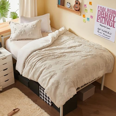 Joiedomi Tufted Twin Comforter Set, 2 Pieces Beige Boho Twin Bedding Set with 1 Boho Flower Comforter and 1 Pillow Sham, Bed in a Bag for All Seasons