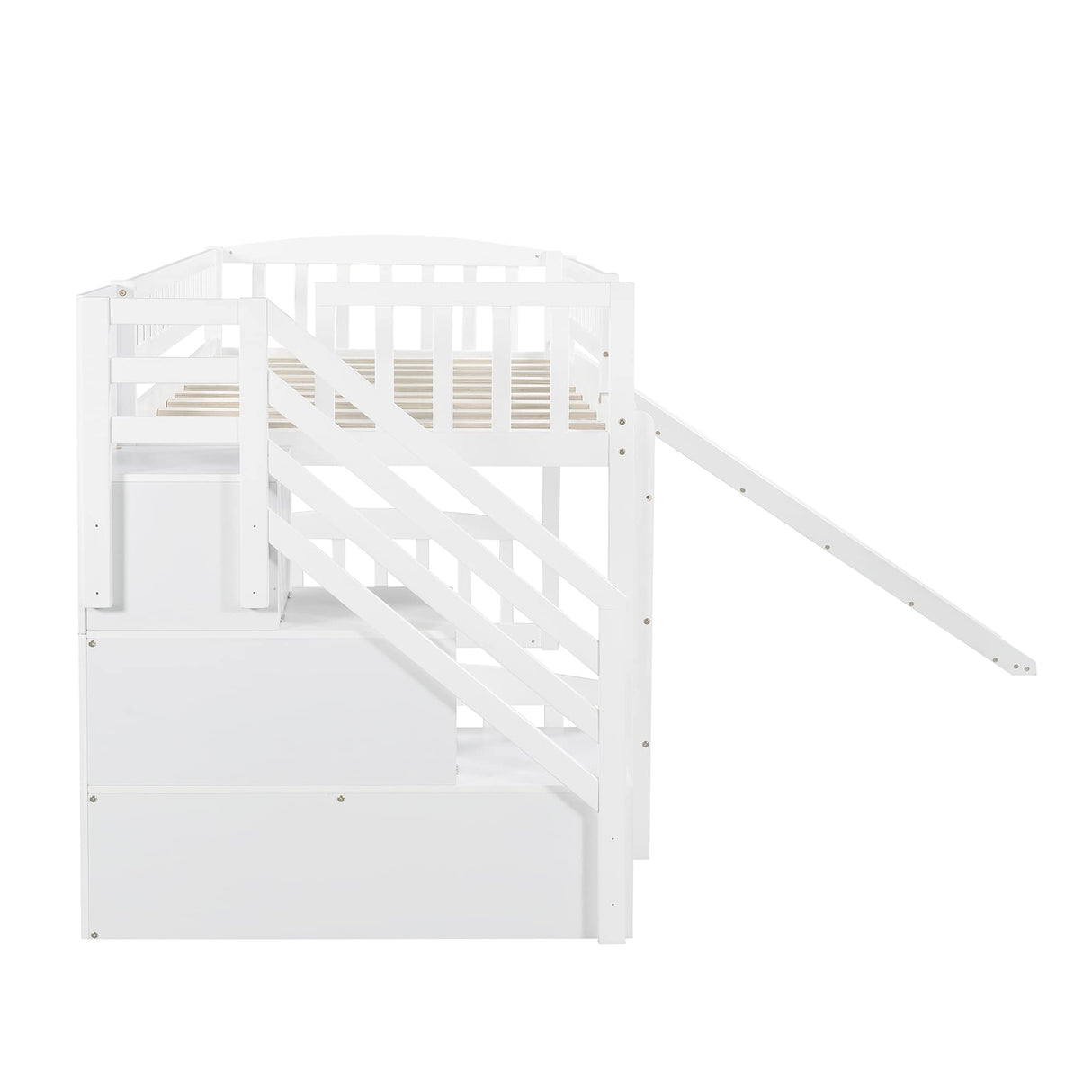 Twin Loft Bed with Slide and Stairs, Wooden Low Loft Bed Frame with Storage for Kids Girls Boys - White Bellemave