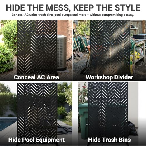 Metal Privacy Screen Outdoor โ 6FT Freestanding Decorative Steel Panel with Stand, Laser-Cut Chevron Pattern Modern Privacy Divider, Rustproof & Weather-Resistant Screen for Patio, Garden & Backyard TALLYVER
