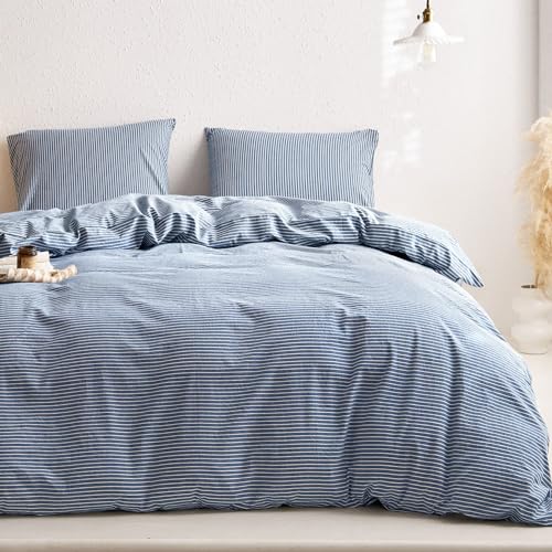 Wake In Cloud - Striped Cotton Duvet Cover Set, 100% Washed Cotton Textured Percale Bedding Set, Ticking Stripe Pinstripe Farmhouse, 3 Pieces, Denim Blue, Full Size Wake In Cloud