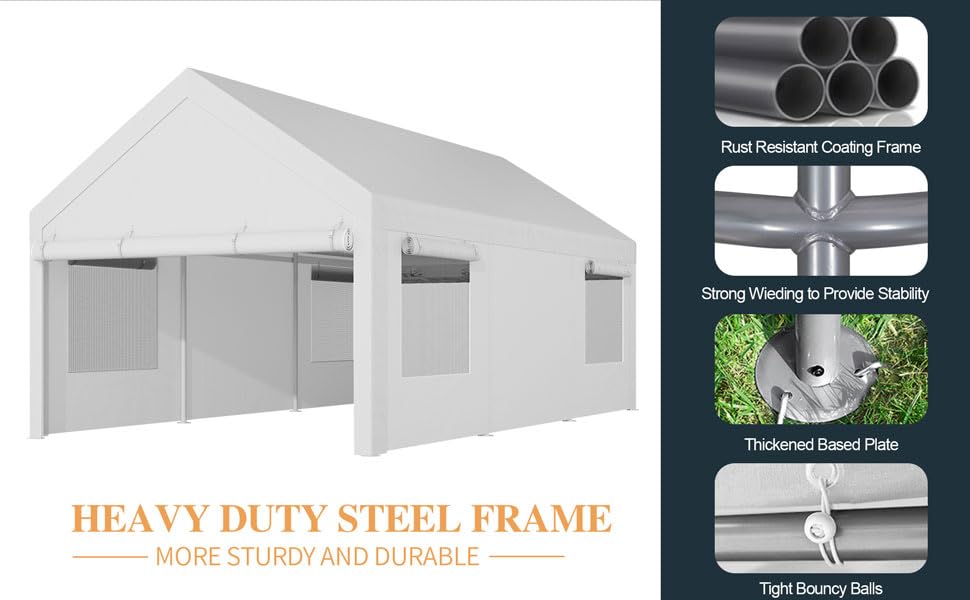 Shintenchi Carport 12' x 20' Heavy Duty Portable Garage, Car Port Canopy with Side-Opening Removable Door & Roll-Up Windows, Car Canopy for Truck,Car,Boat,Motorcycle,White Shintenchi