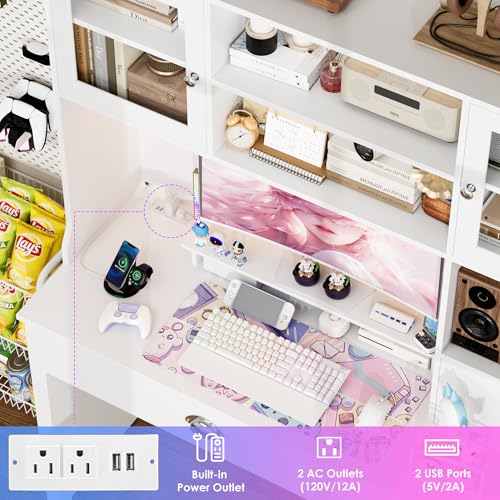 FACBOTALL Computer Desk with Hutch and RGB Lights, 65" Office Desk with Power Outlet, Makeup Vanity with 3 Doors & 3 Drawers, White Executive Desks for Home, Work and Study FACBOTALL