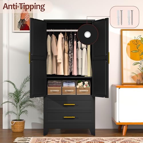 Metal Wardrobe Closet with 2 Doors & 2 Drawers, 71" Tall Armoire Wardrobe Closet with Hanging Rods and Adjustable Shelf, Steel Wardrobe Storage Cabinet for Bedroom-Black winiowa