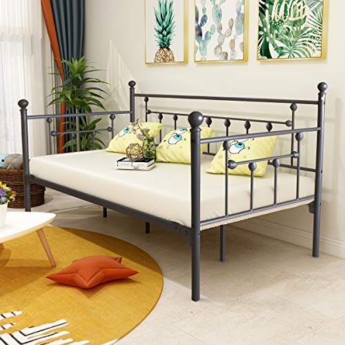 HOMERECOMMEND Metal Daybed Frame Twin Metal Slats Platform Base Box Spring Replacement Bed Sofa for Living Room Guest Room (Twin, Black Sanded) HOMERECOMMEND