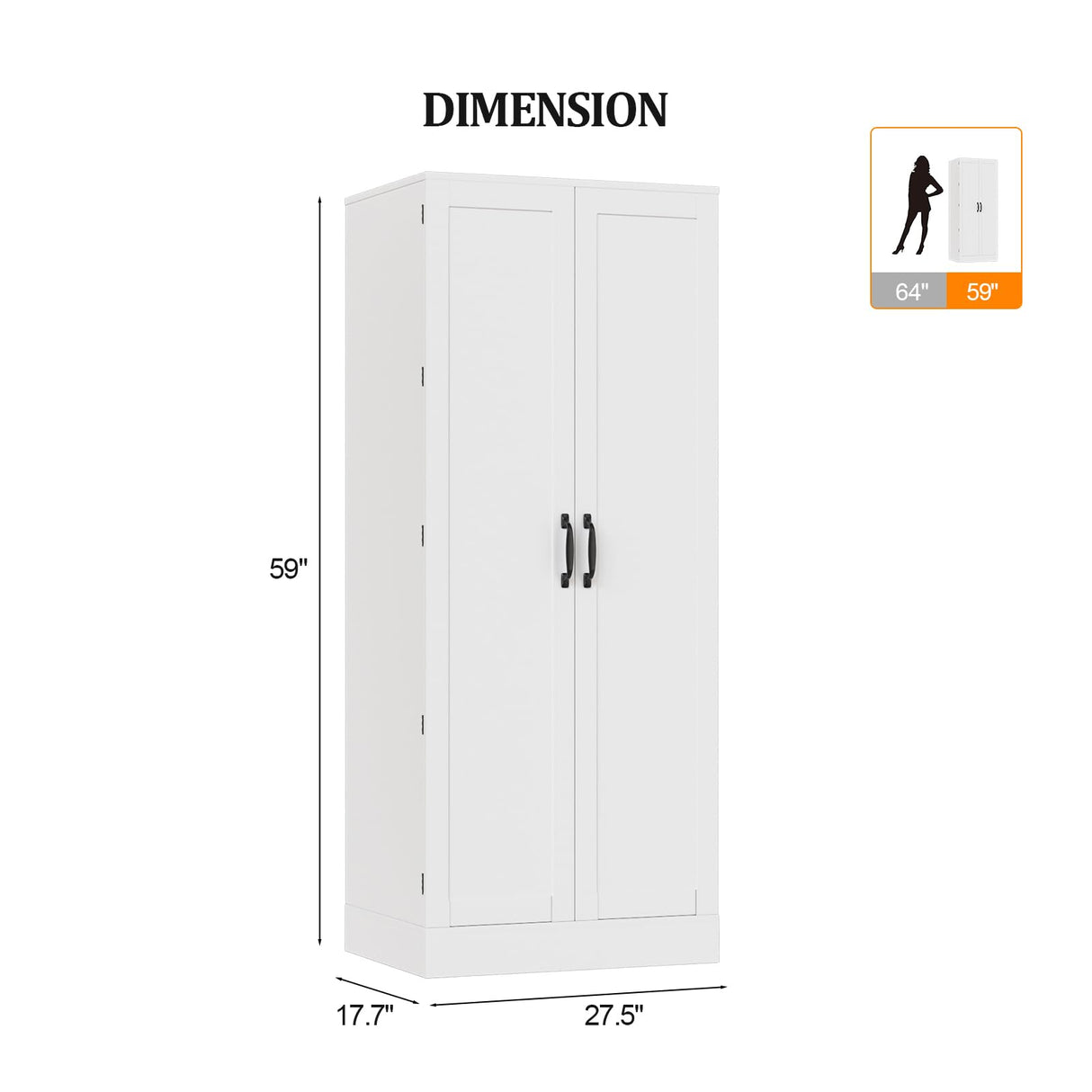 VINGLI Pantry Cabinet,59" Tall White Kitchen Storage Cabinet with 2 Doors and Adjustable Shelves, Food Storage Freestanding Cupboard for Small Space in Dining Room, Living Room VINGLI