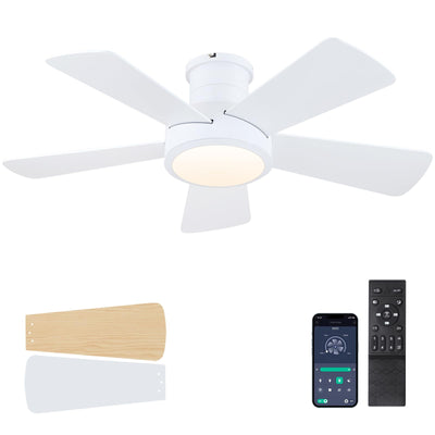 Ceiling Fans with Lights,Modern Low Profile Ceiling Fan with Light and Remote Control,5 Dual-Sided Blades,Reversible DC Motor,40" White Small Flush Mount Ceiling Fan for Bedroom Indoor/Outdoor Use
