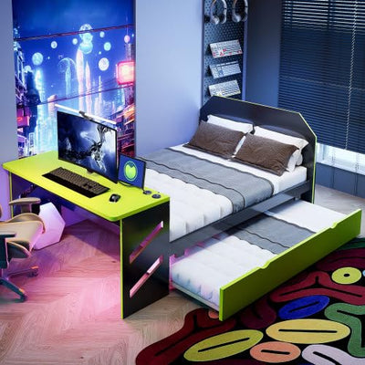 Harper & Bright Designs Full Size Gaming Platform Bed with Desk and Trundle, Wooden Daybed Frame with USB (Green)