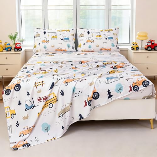 WINLIFE Kids Full Sheet Set 4 Piece Car Printed Constuction Soft Microfiber Bed Sheets - Deep Pocket - Easy Fit - Wrinkle Resistant Cozy Bedding Set for Toddler Boys Girls Teen WINLIFE