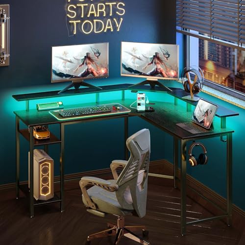Rolanstar L Shaped Gaming Desk with LED Lights & Power Outlets, 46.2" Computer Desk with Full Monitor Stand & Storage Shelf, Corner Desk with Hooks, Black Desk Reversible Rolanstar