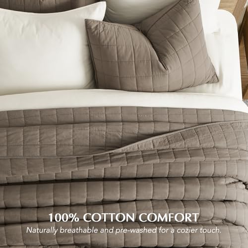 EVERGRACEHOME 100% Cotton Box Stitch Quilt Bedding Set King Size 3 Pieces, Garment-Washed Lightweight Soft Cozy Coverlet, Oversized Quilted Bedspread Sets with 2 Shams for All Season, Mocha Brown EVERGRACEHOME