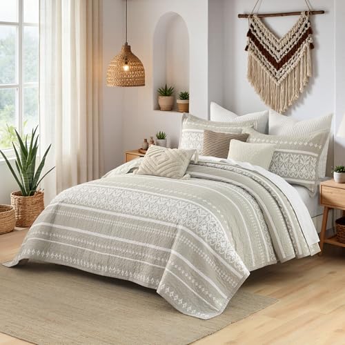 Qiqiong Boho Quilt Set Queen Size - 100% Cotton Boho Striped Quilt Bedding Set - Beige and White Bohemian Quilt Set with Shams 3 Piece - All-Season Lightweight Coverlet & Bedspread Set Qiqiong