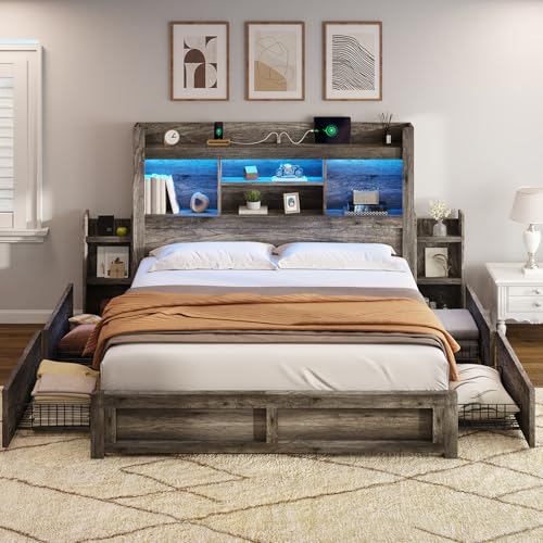 AMERLIFE Queen Bed Frame with 4 Storage Drawers, LED Bed Frame with 49“ Tall Bookcase Headboard, Wood Platform Bed with Charging Station & 2 Slide Bedside Shelf, No Box Spring Needed/Rustic Grey AMERLIFE