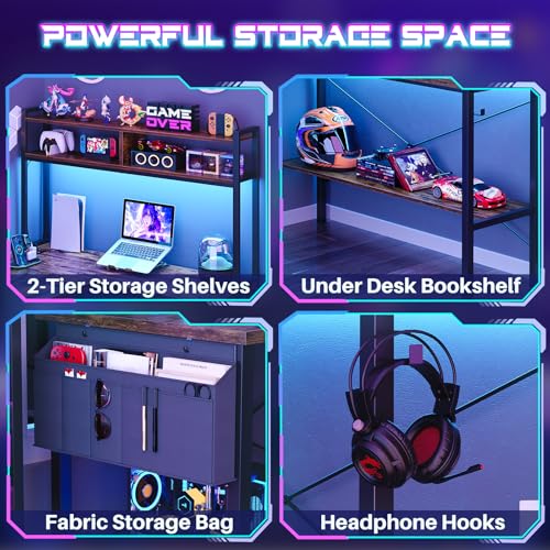 Aheaplus L Shaped Desk Gaming Desk, 59" L Shaped Computer Desk with LED Light & Power Outlet, Reversible Home Office Desk Gamer Desk with Shelves & Storage Bag & Hooks, Corner PC Desk, Rustic Brown Aheaplus