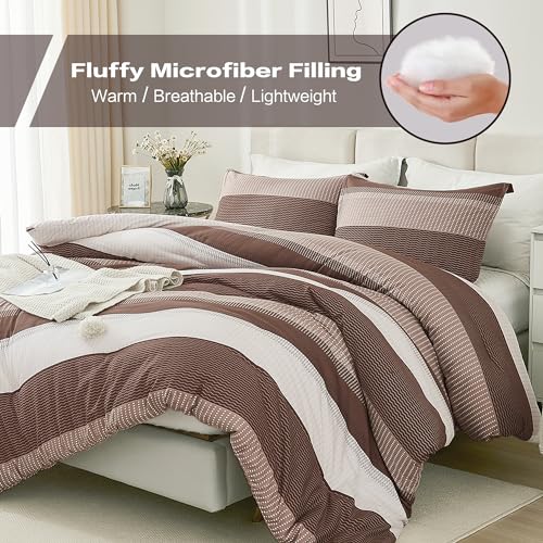 Litanika Brown Comforter Set Full - 3 Pieces Lightweight Brown White Colorblock Stripe Fluffy Bedding Comforter Sets, All Season Bed Set