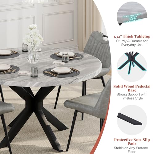 Jocisland 45" Marble Top Round Dining Table and Chairs for 4, Mid Century Modern Dining Room Table Set, Space Saving for Apartment Kitchen (Table + 4 Vertical-Stitching Grey Chairs) Jocisland