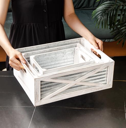 Set of 3 Nesting Wooden Crates, Rustic Wooden Storage Container Boxes with Cutout Handles, Decorative Farmhouse Wood Baskets for Display, Barn Door (Whitewash) Venalys