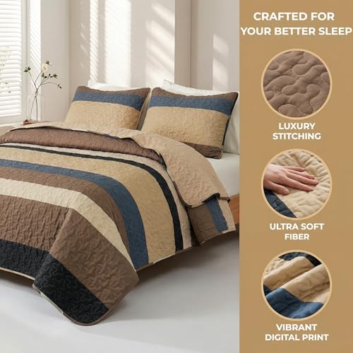 Whale Flotilla Full Queen Size Quilt Set - Reversible Camel Quilts Queen Size with 2 Pillow Shams, Lightweight Boho Striped Bedspreads Coverlet Bedding Set for All Seasons Whale Flotilla