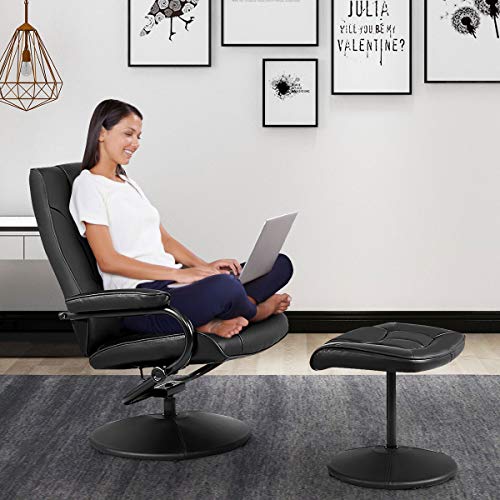 WATERJOY Swivel Recliner Chair, PU Leather Lounge Armchair Recliner, 360 Degree Swivel Overstuffed Padded Seat Chair with Footrest Stool Ottoman Set for Office Living Room Black