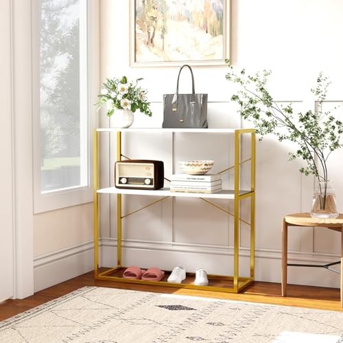 Giantex 36" Narrow Console Table, 2-Tier Entryway Tables with Faux Marble Top & Heavy-Duty Metal Frame, Behind Couch Table, Modern Sofa Tables with Open Storage Shelves for Entrance, Living Room,Foyer Giantex