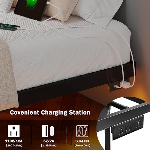 GalnFu Queen Floating Bed Frame with LED Lights and Charging Station, Metal Platform Bed Frame with Heavy Duty Steel Slats Support, No Box Spring Needed, Noise-Free, Easy Assembly GalnFu