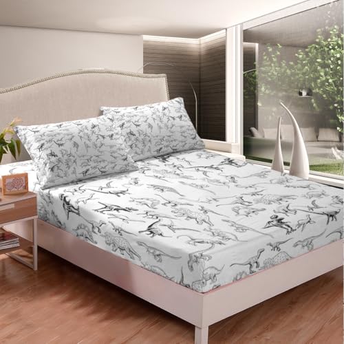 Feelyou Dinosaur Bed Sheets Set King Size 3D Digital Print Sheet Set for Kids Boys Girls Decor Jungle Dino Sheets with Deep Pocket Fitted Sheet Wild Animal Black and White Bedding Set Bedroom Feelyou