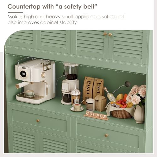 HIFIT 71" Hx55''W Large Kitchen Hutch Storage Cabinet, Farmhouse Coffee Bar Hutch with Microwave Stand, Tall Kitchen Pantry Cabinet with Louvered Doors, 2 Cable Holes, 2 Drawers, Green HIFIT