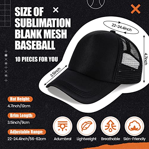 10 Pcs Sublimation Blank Trucker Hats Bulk Mesh Baseball Cap Polyester Mesh Trucker Hat for Men and Women (Black) Tarpop