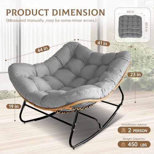 SUNCROWN Oversized Wicker Rocking Chair Indoor Outdoor, 450 LBS Heavy Duty Patio Papasan Egg Chair with Cushion, E-Coated Frame Lounge Rocker for Balcony Porch Garden Living Room, Light Grey