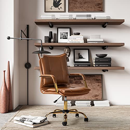 HULALA HOME Faux Leather Home Office Desk Chair, Adjustable Swivel Computer Chair with Golden Legs and Arms, Comfy Upholstered Task Chair,Camel HULALA HOME