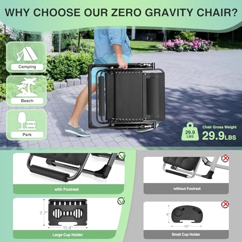 Suteck Oversized Zero Gravity Chair,33In XXL Outdoor Recliner Chair w/Removable Cushion&Headrest, Camping Lounge Chair w/Upgraded Lock&Footrest, Reclining Patio Chairs for Indoor Outdoor,500LBS Suteck