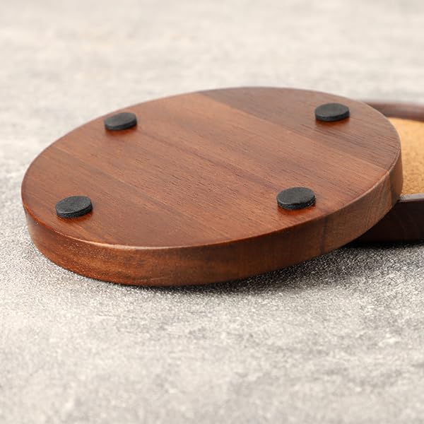 Wood Cork Coasters for Drinks Absorbent with Holder, Acacia Wood Coaster Sets Rustic Farmhouse for Coffee Table Dining Table Wooden Table Coasters for Desk, Set of 6 4.33in WLWNWFT