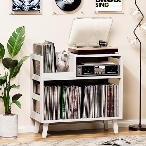 Uoders Record Player Stand with Vinyl Storage, Mid-Century Modern Turntable Stand Holds 150+ Albums, Record Player Table with Metal Dividers, Wood Media Console for Living Room (White, Single-Sided Small) UODERS