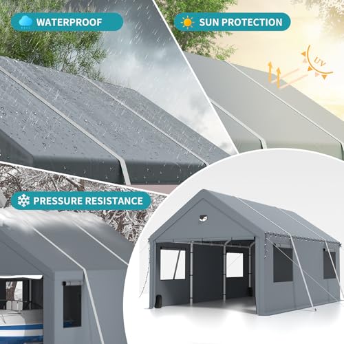 10x16FT Heavy Duty Carport Canopy,Extra Large Portable Car Tent Garage with Roll-up Windows and All-Season Tarp Cover,Removable Roof&Side Wall for Car, SUV,Boats&Truck Shelter Logic Storage Sannwsg