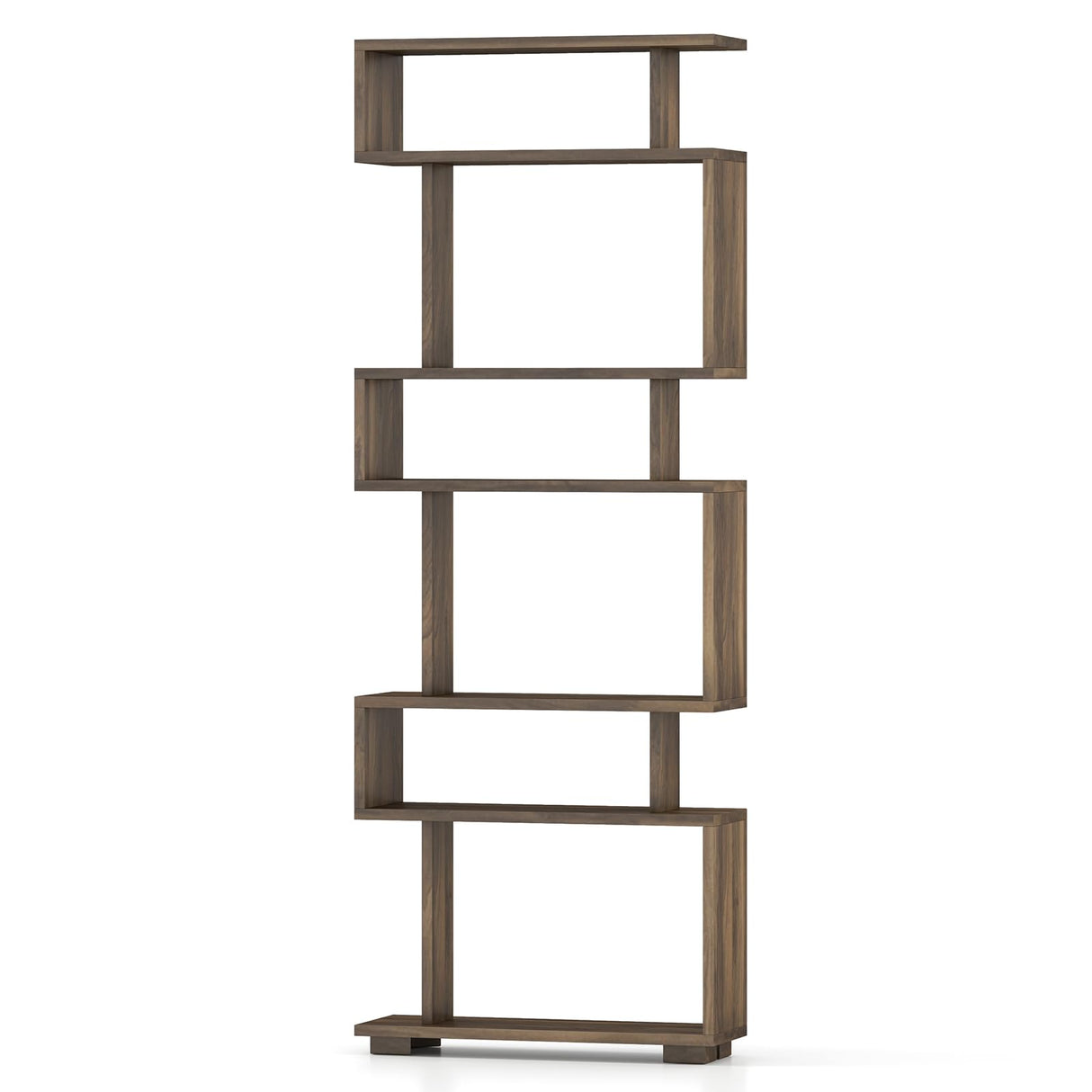 SILKYDRY 6 Tier Geometric Bookshelf, S Shaped Bookshelf with Anti-toppling Kits, Freestanding Room Divider Bookcase, 64" Tall Staggered Display Shelf for Living Room Bedroom (2, Walnut) SILKYDRY