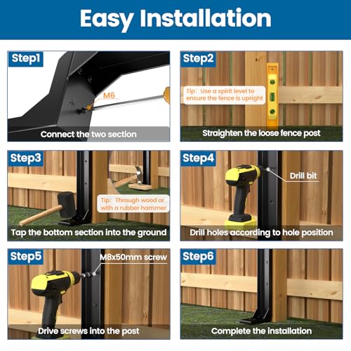 Muzata 4Pack Fence Post Repair Kit Fence Post Stakes Heavy Duty Black Steel Post Anchor Ground Spike Quick Easy for 4x4 6x6 Tilted Broken Wood Fence Post Repair WT16 Muzata