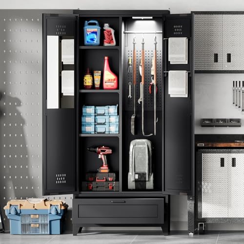 YITAHOME 71" Metal Garage Broom Cabinets with Adjustable Shelves, Vacuum Storage Cabinet with Doors and Drawer, Tool Storage Cabinet for Gym, Basement, Warehouse, Black, Metal YITAHOME