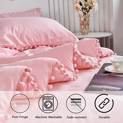 PERFEMET 5 Pcs Pink Pom Pom Comforter Twin Size Aesthetic Boho Pom Fringe Bedding Set with Sheet Ultra Soft Lightweight Farmhouse Bedding Quilt Set for Girls Kids(Pink, Twin) PERFEMET