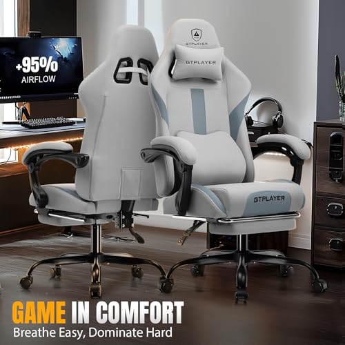 GTPLAYER Gaming Chair with Foot Rest & Pocket Spring Cushion, Ergonomic High Back Computer Desk Chair with Headrest & Lumbar Support for Back Pain Relief, Breathable Fabric, Moon Gray GTPLAYER