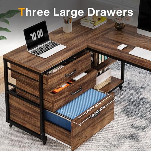 LITTLE TREE Reversible 53-inch L Shaped Desk with 3 Drawer, Farmhouse Corner Desk Gaming Table with Shelves and File Cabinet for Letter Size & Legal Size File for Home Office and Small Space LITTLE TREE