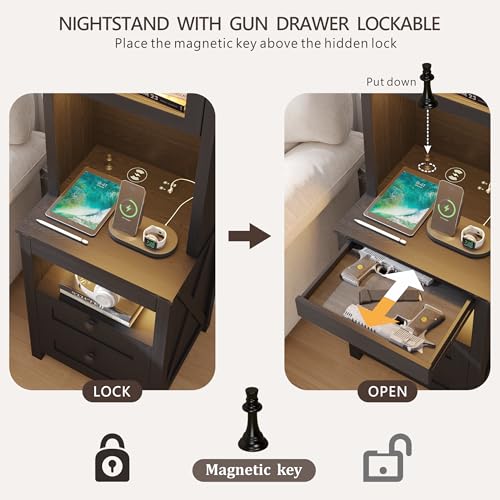 HWB Tall Night Stand with Charging Station and LED Lights, Farmhouse Nightstand with Gun Drawer&Adjustable Shelf, Bedside Table with 3 Drawers for Bedroom, Black HWB