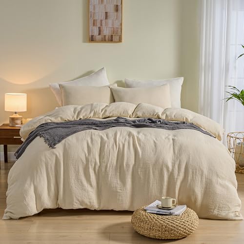 Simple&Opulence Linen Muslin Duvet Cover Set Queen Size, 3Pcs Khaki Linen Cotton 3-Layer Gauze Minimalist Comforter Cover 88”x92”, Ultra Soft Breathable Seersucker Bedding Set with 2 Pillowcases Simple&Opulence
