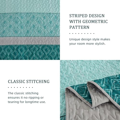 Cottolester Teal Quilt Set Full Size,Striped Plaid Bedspread,Blue Boho Bedding Set Soft Microfiber Quilt for Teens Boys Adults 78"x90" Cottolester