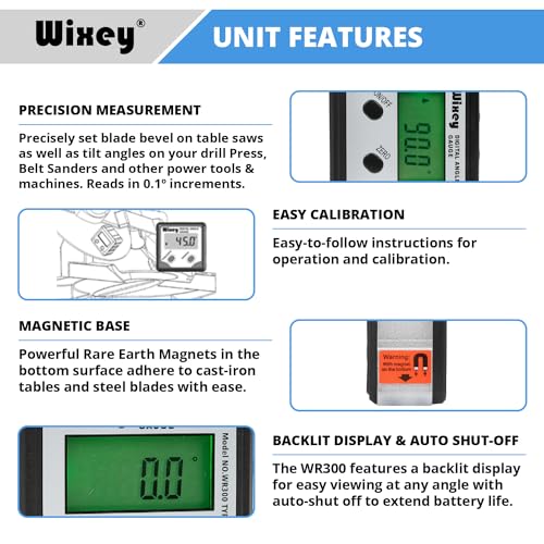 Wixey WR300 Digital Angle Finder Gauge with Magnetic Angle Finder Base and Backlit Digital Display Angle Ruler - 180 Degree Digital Electronic Level Accessory for Woodworking Tools Wixey