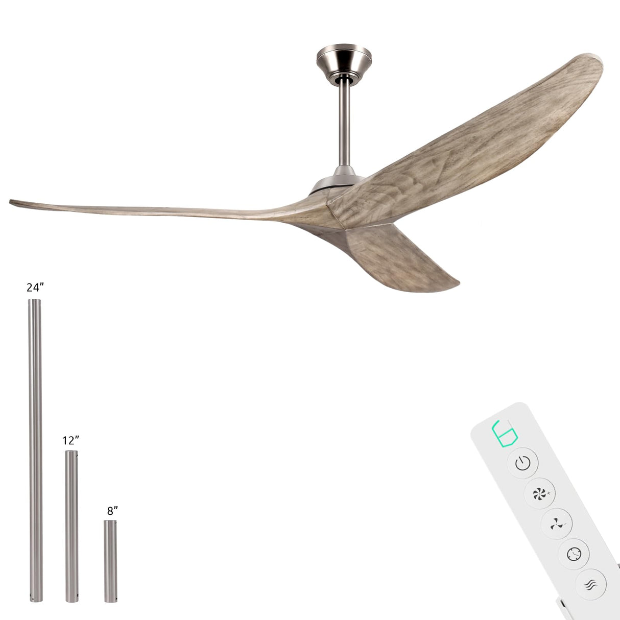 NWIASS 60 Inch Ceiling Fan No Light, Large Outdoor Ceiling Fan without Light with Remote, Premium Grey 3 Blade Solid Wood Ceiling Fan-Brushed Nickel, Modern Quiet DC Ceiling Fan for Patio Exterior NWIASS