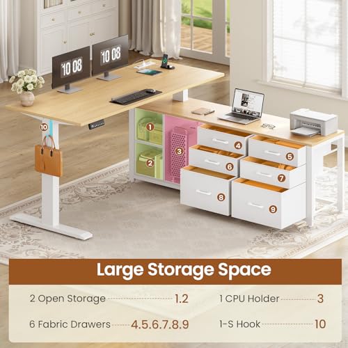 SEDETA L Shaped Electric Standing Desk, 55" x 55" Height Adjustable Office Executive Desk with 6 Fabric Drawers and Storage Shelves, Sit Stand Computer Desk with Power Outlet for Home Office (Oak) SEDETA