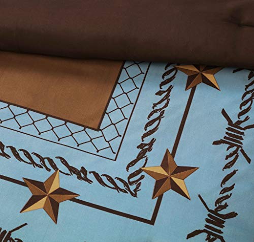 Chezmoi Collection Tulsa California King Bedding Set, 7-Piece Turquoise Brown Western Cowboy Oversized Comforter Set, Printed Texas Star Barbed Wire Chezmoi Collection