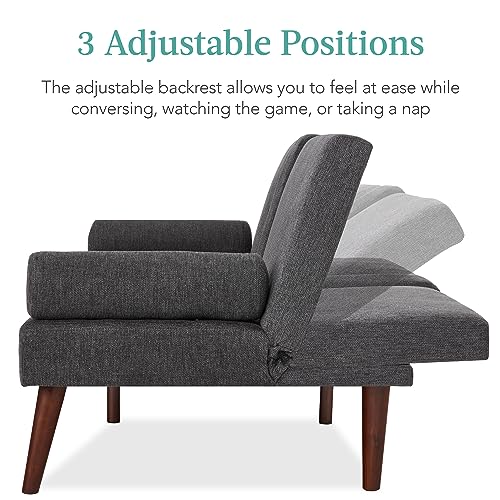Best Choice Products Mid-Century Modern Upholstered Futon, Convertible Folding Sofa Bed, Small Couch w/Rounded Armrests, 2 Cupholders - Charcoal Best Choice Products