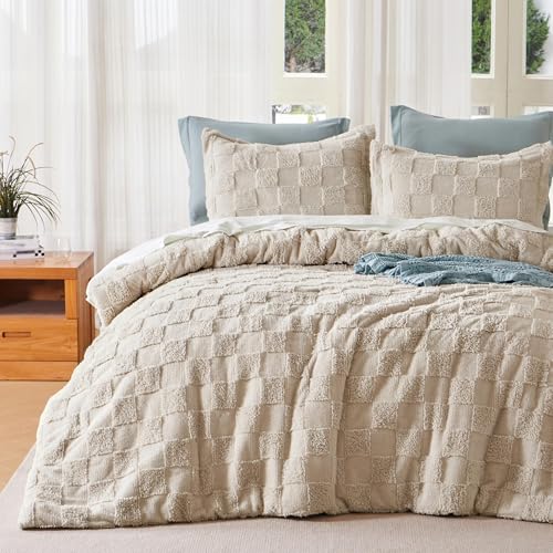 Joiedomi Tufted King Size Comforter Set, 3 Pieces Beige Boho King Bedding Set with 1 Plaid Geometric Comforter and 2 Pillow Shams, Checkered Bed in a Bag for All Seasons Joiedomi